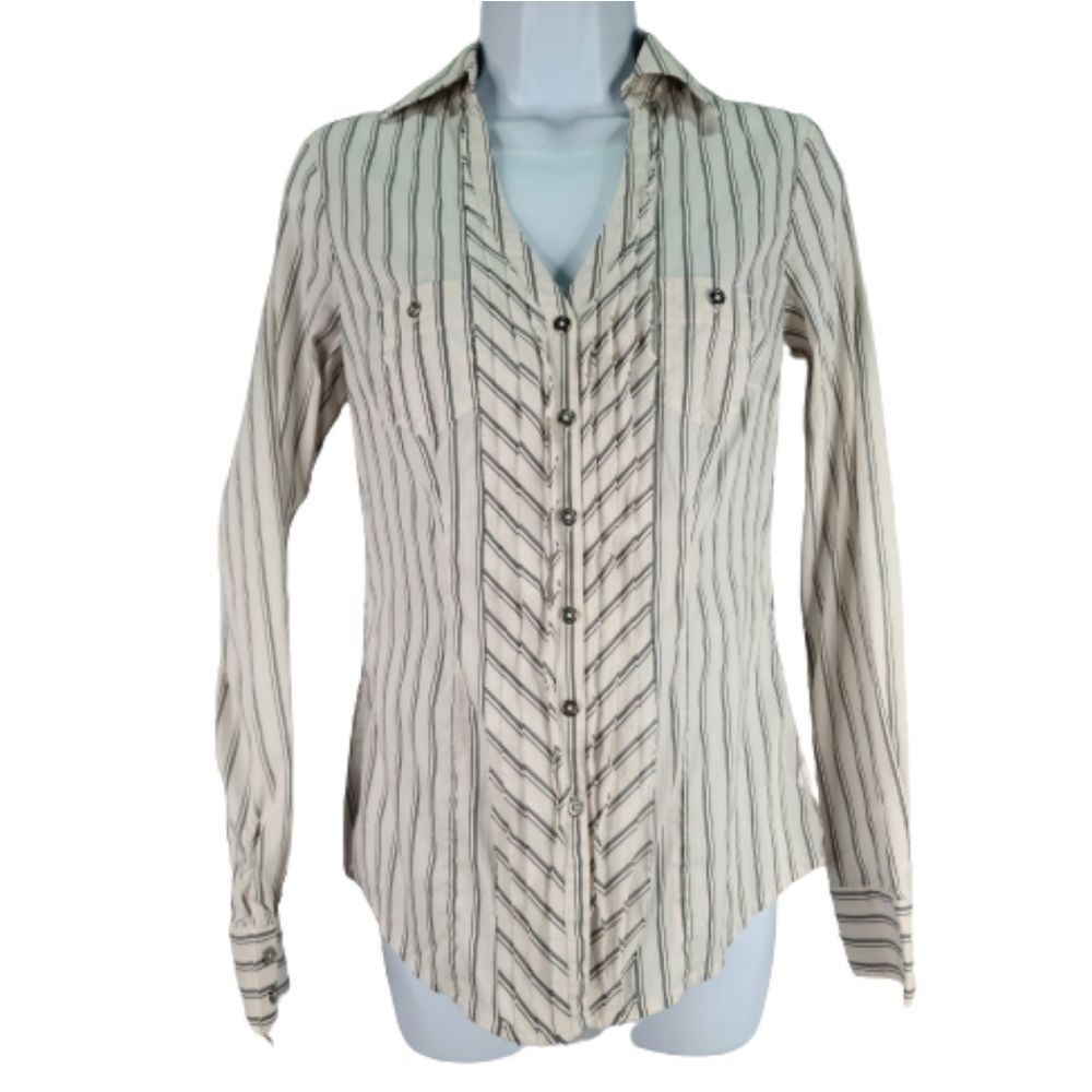 WHBM Blouse White Black Striped V Neck Smocked